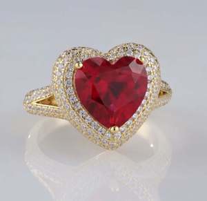 Anillo de Sello con Corazón de Rubí, Oro Sólido de 14K, Diamante de Laboratorio con Corte Corazón, Anillo de Compromiso con Halo, Anillo de Promesa, Anillo de Piedra Natalicia de Julio, Regalo para Ella - Product Image 1