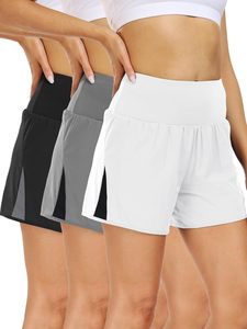 Black & Gray & White 2 in 1 Women's Workout Shorts for Athletic Gym Running Shorts with <b>Phone</b> Pockets - Product Image 2