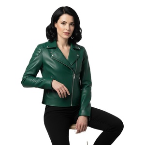 Chaqueta de Motociclista de Cuero Verde Estilo Brando para Mujer, Personalizada, al por Mayor, Precio de Fábrica, Chaqueta de Moda Femenina Estilo Motero Genuino - Product Image 1