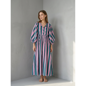 Grey Stripe Maxi <b>Elastic</b> Waist Collared Neck Woven Loose Breathable Solid Floor-Length Leisure Day Holidays Celebrations XL - Product Image 1