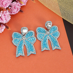 <b>Blue</b> Bow <b>Earrings</b> Rhinestone Detailing Handmade Jewelry Seed Bead Embroidery Bridal Party Fashion Accessories Custom Export - Product Image 1