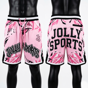 Shorts de basket-ball pour homme en polyester mesh premium 160 GSM, rose camouflage avec empiècements latéraux respirants, logo personnalisé par sublimation. - Product Image 1
