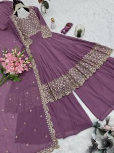 Ensemble Anarkali Palazzo de Luxe UNITY LUXURE, violet brodé, avec dupatta, tissu en mélange de soie, travail de zari et de sequins, tenue de fête - Product Image 5