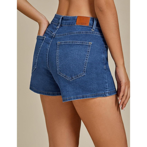 <b>Women</b> High Waist Distressed Denim Shorts Hem Casual Style 100% Cotton Customized Logo Knitted Fabric - Product Image 2