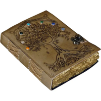 Journal en cuir véritable vintage, arbre de vie, grimoire à sept pierres, carnet avec bordure irrégulière pour sorcières, sorts mystiques