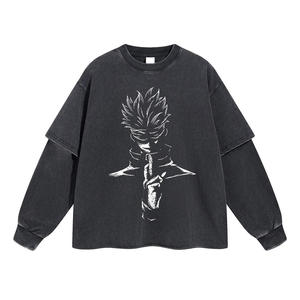 Camiseta informal de punto de gofres lavada con ácido en blanco personalizada, camiseta de manga larga de doble capa de algodón pesado con bolsillo para hombre - Product Image 1