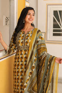 Estampado Floral Tejido Algodón A-Line Kurta Set Cuello redondo Mangas tres cuartos Ajuste regular Cintura suelta Pantalón Casual - Product Image 2