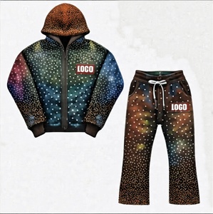 Pantalones de chándal con capucha y lavado ácido de gran tamaño personalizados para hombre, chándal con estampado Digital transpirable con diseño de llamarada y diamantes de imitación - Product Image 2
