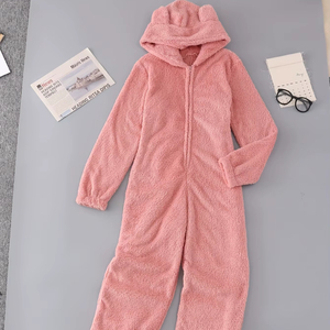 Combinaison en peluche pour femme, style élégant, capuche, couleur unie, manches longues, fermeture éclair, tissu tricoté pour adulte, toutes saisons, vêtements de maison - Product Image 1