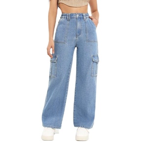 Jean cargo en denim bleu glace pour femme, style vintage, respirant, 6 poches, mode urbaine, écologique, 100 % coton, taille 26-40 - Product Image 1