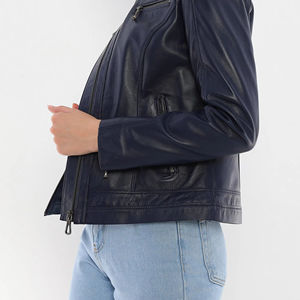 Women Leather Jacket Luxury Vintage Navy <b>Blue</b> for Cotton Filling Button Collar OEM Design Economically Women Leather Jacket - Product Image 5