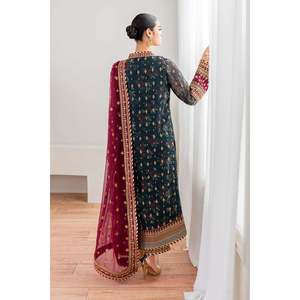 Women's <b>Green</b> Embroidered Chiffon 3-Piece Suit Set with Organza & <b>Silk</b> UF-689 - Product Image 2