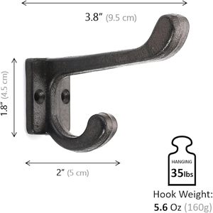 Antique Black Heavy-Duty Double <b>Wall</b> Cast Iron <b>Hooks</b> Vintage Coat and Hat Rails <b>Wall</b>-Mounted for Mudroom <b>Keys</b> - Product Image 2