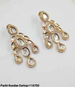 Indian <b>Gold</b> Plated Traditional and Fashionable Kundan and Hanging Pearl Bahubali Earrings for Women and Girls <b>Jewellery</b> Set - Product Image 4