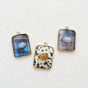 Pendentif lunette en Labradorite bleue naturelle en argent plaqué or Double pierre breloques en tranches faites à la main bijoux en argent fournitures en gros - Product Image 5