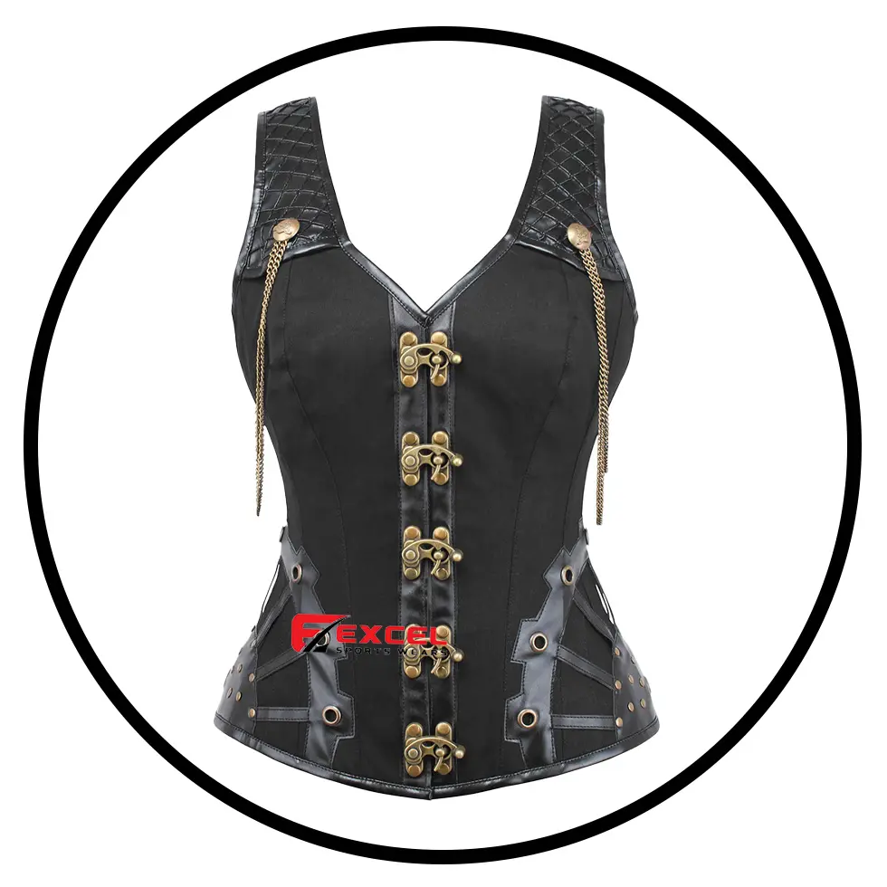 Black Steampunk Over bust With Shoulder Straps Corset High Quality Custom Adjustable Heavy Duty Double Steel Boned Corset.