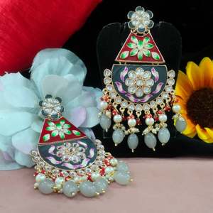 Meenakari Fusion And Kundan <b>Earrings</b> for Girls <b>Pearls</b> Hanging Hand Painted Enamel Work Traditional Artistry Contemporary Flair - Product Image 5