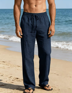 Pantalon décontracté ample en lin et coton pour homme, taille mi-haute avec cordon de serrage, couleur unie, idéal pour la plage - Product Image 5