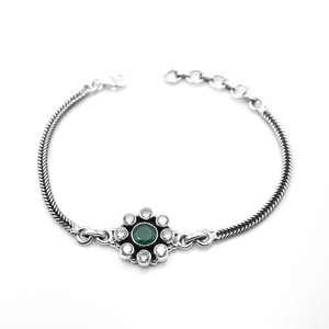 925 Sterling <b>Silver</b> Fine <b>Beaded</b> <b>Bracelet</b> Natural Green Onyx CZ Gemstone Gold Plated Floral Design Adjustable Wedding BR0035-GS - Product Image 4