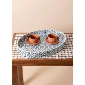 Natural Modern Geometric Pattern Tray Handmade <b>MOP</b> Inlay with <b>Handles</b> Table Decoration Table Decor <b>MOP</b> Tray - Product Image 3