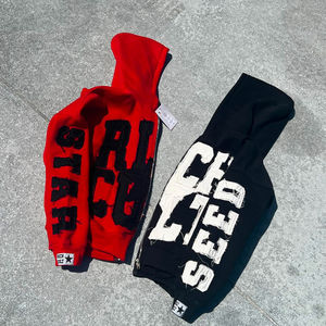 Sudaderas con capucha con cremallera personalizadas para hombre 420Gsm Heavyweight Terry Vintage Applique Parche bordado desgastado Técnica lavada a la piedra - Product Image 5