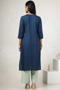 ชุดเดรสผ้าฝ้ายปักลายสีน้ำเงินเข้มของผู้หญิงชุดเดรสฤดูร้อนเอวธรรมชาติสวมใส่สบายทุกฤดู - Product Image 2