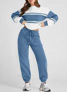 Survêtement deux pièces pour femmes de qualité supérieure 100% coton respirant contraste couleur surdimensionné Style uni techniques lavées - Product Image 2