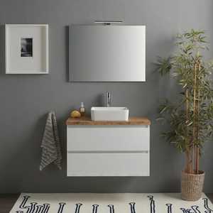 Mueble de Baño Suspendido Blanco Brillante de 80 cm con Espejo Superior de Roble Natural y Lámpara Baltimora - Product Image 1