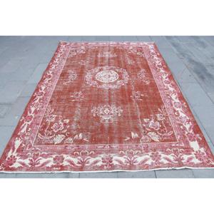 พรมวินเทจ ขนาด 6.2x9.3 ฟุต พรมตุรกีขนาดใหญ่ พรมลายปะติดสีแดงขาว - Product Image 1