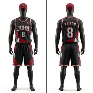 Uniforme de basket-ball pour hommes en maille polyester respirante de qualité supérieure 180 GSM, design à panneaux noir, rouge et blanc, logo personnalisé par sublimation - Product Image 1