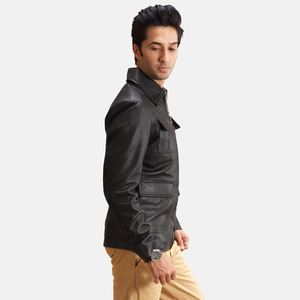 Chaqueta bomber Varsity de piel auténtica negra lisa con logotipo bordado personalizado para hombre, venta al por mayor - Product Image 5