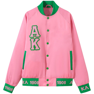 Veste bomber en satin rose AKA, doublure et ruban personnalisés Alpha |   Kapa |   Veste de style universitaire Alpha Sorority - Product Image 1