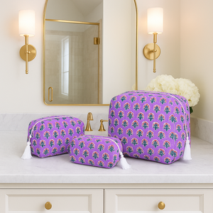 Juego de Bolsas de Tela de Algodón Estampadas a Mano en India, 3 Piezas, Acolchadas, con Forro Resistente al Agua, Ecológicas, Organizador de Viaje - Product Image 1