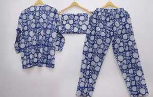 Conjunto de pijama de algodón indio para mujer, bloque de mano, estampado de flores, transpirable y suave, moda, ropa de mercado informal, vestido para verano - Product Image 2