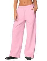 Celana Training Wanita Model Baggy Streetwear Musim Gugur/Dingin, Kaki Lurus, Aksen Piping Samping, Logo, Pinggang Tinggi, Tahan Air