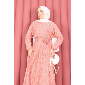 Robe Hijab Rose Poudré en Dentelle Texturée avec Ceinture Amovible, Motif Simple, Modeste et Basique pour Usage Quotidien Islamique, Coupe Droite pour l'Été - Product Image 2