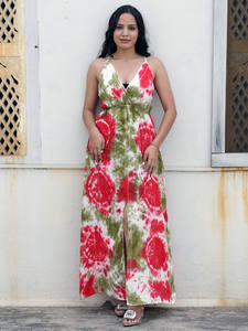 Ropa de playa de verano para mujer, diseñador de rayón, Espalda descubierta, espagueti, cuello Halter, largo Floral, tinte de corbata, Maxi vestido sin mangas y sin espalda - Product Image 3