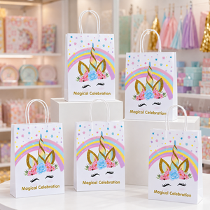 Sacs cadeaux en papier personnalisés <span class=keywords><strong>licorne</strong></span> avec poignées, sacs à friandises arc-en-ciel pour les fêtes d'anniversaire des enfants, emballage de bonbons - Product Image 1