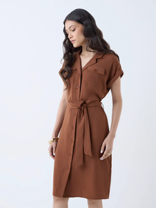 Wardrobe Tan Solid Shirt <b>Dress</b> with <b>Belt</b> - Product Image 2