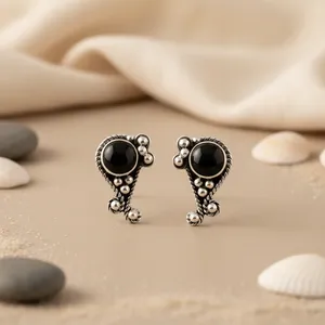 Boucles d'oreilles pendantes en argent 925 pour femmes, avec onyx noir, diamant et rubis, plaqué or 14 carats, style tendance pour les fiançailles - Product Image 2