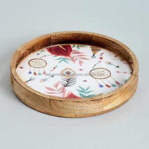 New Design Wooden and Printed <b>Trays</b> Decorative Plate for <b>Snacks</b> Serving Home Round Shape Kitchen Decor Low Price - Product Image 1