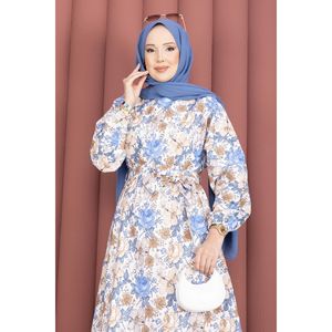 Vestido de Ganchillo con Estampado Floral Índigo, Cinturón, Elegante y Discreto, Ropa Casual para Oficina, para Salidas Nocturnas, Transpirable, con Recortes - Product Image 2