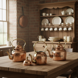 Ensemble de théière/caféière en cuivre martelé à la main de qualité export premium, bouilloire de luxe moderne, poignées et bec verseur résistants à la chaleur et écologiques - Product Image 1