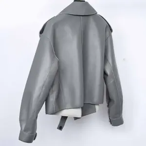 Ladies Slim Fit 100% Veste en cuir col montant fermeture éclair avant manches longues style moto à la mode respirant coton remplissage - Product Image 6