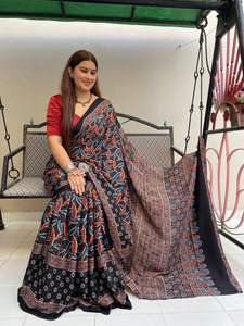 Sari en soie pure modal de qualité supérieure, imprimé à la main avec des motifs Ajrakh, vêtements de mariage de créateur, nouvelle arrivée, grossiste pour la mode féminine - Product Image 5