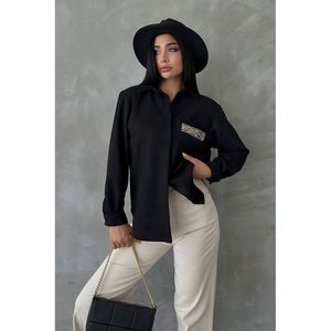 Camisa de Manga Larga con Botones para Mujer, Estilo Gamuza Negra, Poliéster y Elastano, para Venta al Por Mayor, Corte Regular, Marca TOPSHOW - Product Image 1