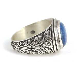 14k Rhodium-Plated Platinum Oval <b>Ring</b> with Pear-Cut Lapis Lazuli for Men - Product Image 3