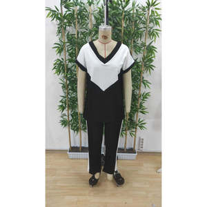 Ensemble chemisier et pantalon en viscose bicolore à manches courtes et col en V pour femme, 35978 - Noir - Product Image 6