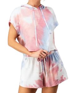 ชุดมัดย้อม2ชิ้นลำลองของผู้หญิงเสื้อมีฮู้ดแขนสั้นขนแกะเสื้อมีฮู้ดกางเกงขาสั้นมีเชือกผูกกางเกงขาสั้นเสื้อฮู้ดกางเกงขาสั้นชุดวอร์ม2026พิมพ์ลายมัดย้อม - Product Image 4