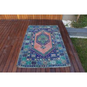 Alfombra Turca Vintage de 3.6x5.3 pies, Alfombra de Lana Azul con Diseño Floral - Product Image 1